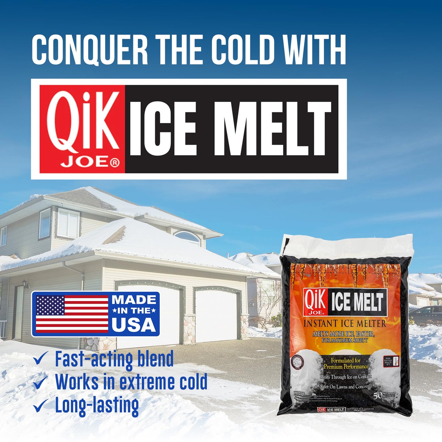Qik Joe Calcium Chloride Ice Melt - Instant Snow and Ice Melt for Sidewalks, Driveways, Steps, and Parking Lots - Deicer for Concrete, Asphalt, and Other Surfaces - 50 Lbs (Pallet of 50 Units)