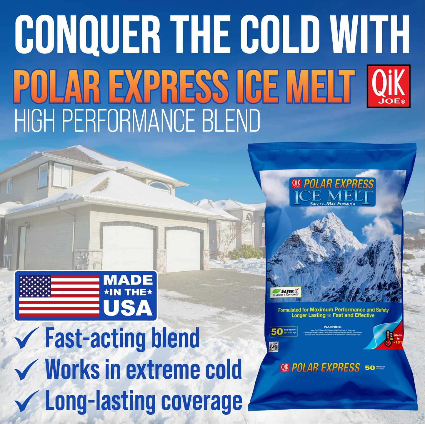 Qik Joe - Polar Express Instant Snow and Ice Melt for Sidewalks, Driveways, and Steps - Deicer for Concrete, Asphalt, and Other Surfaces - 50 Lbs (Pallet of 50 Units)