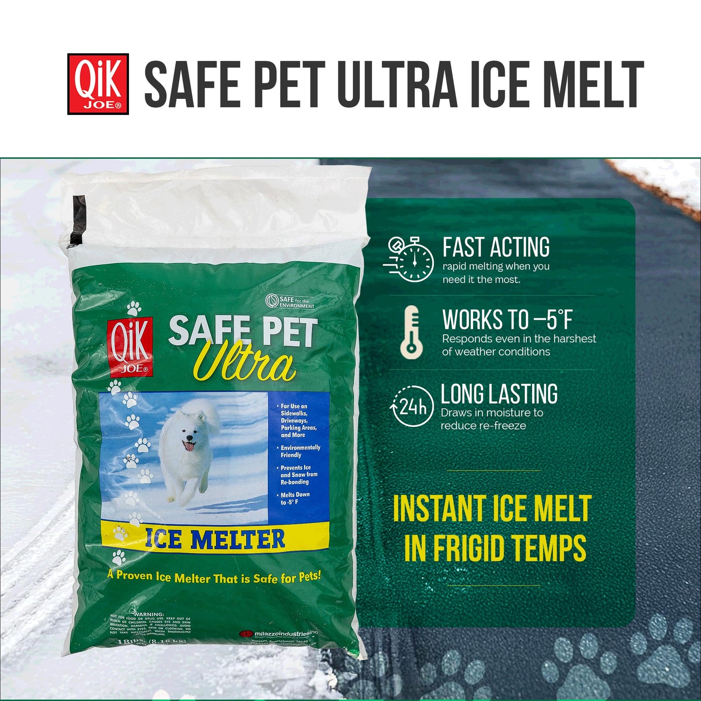 Qik Joe Safe Pet Ultra Instant Snow and Ice Melt for Sidewalks, Driveways, Steps, and Parking Lots, Deicer for Concrete, Asphalt, and Other Surfaces, Effective to -5 Degrees