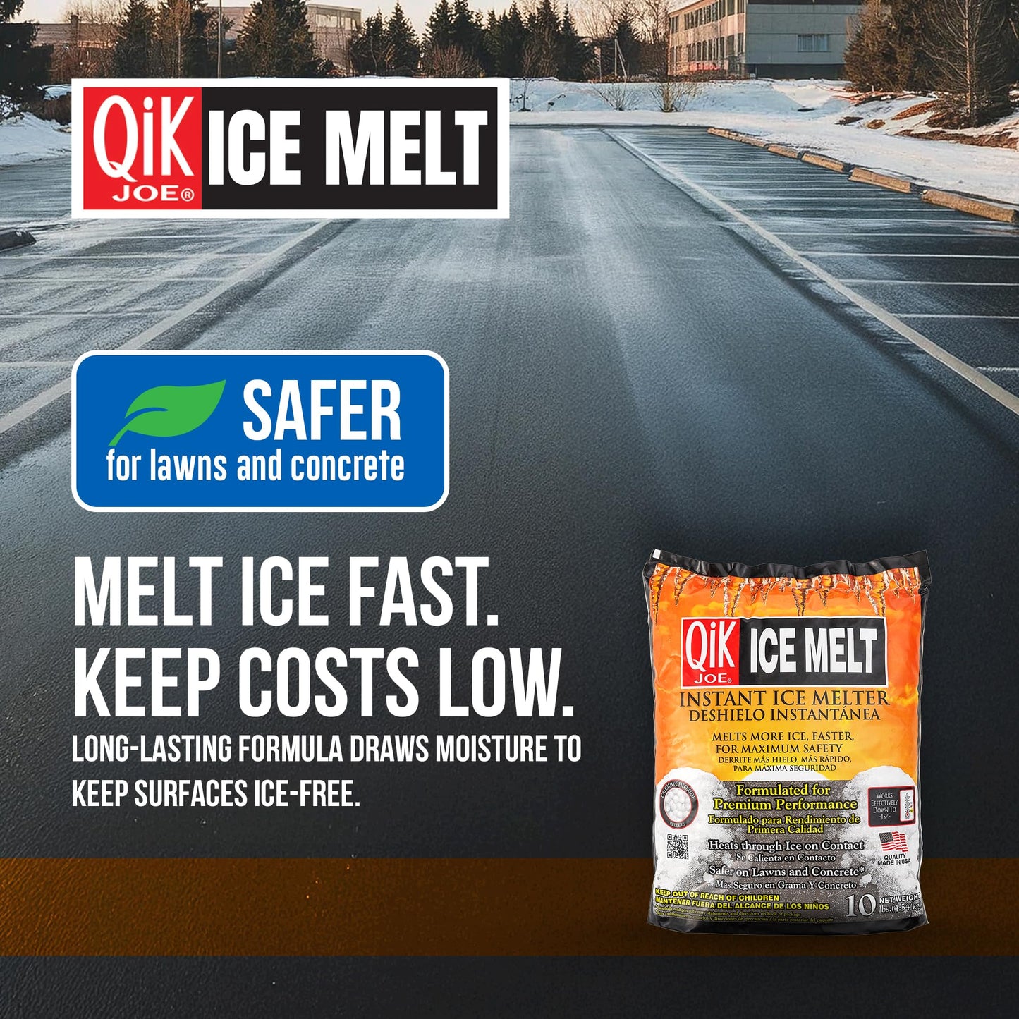 Qik Joe Calcium Chloride Ice Melt - Instant Snow and Ice Melt for Sidewalks, Driveways, Steps, and Parking Lots - Deicer for Concrete, Asphalt, and Other Surfaces - 10 lbs., 6 Pack