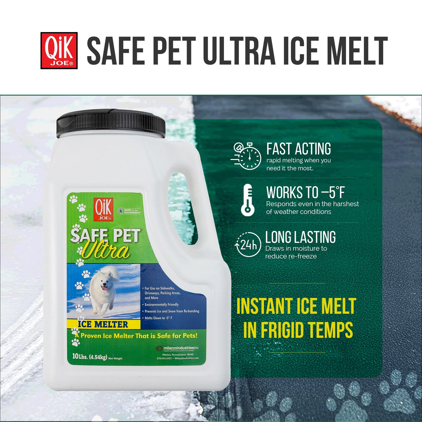 Calcium Chloride Snow Melt Pellets - Qik Joe Safe Pet Ultra Instant Melting Pellets, Ground Salt for Winter, Snow Salt Ice Melt, Environmentally Friendly, 10lbs, Pallet of 200 Units