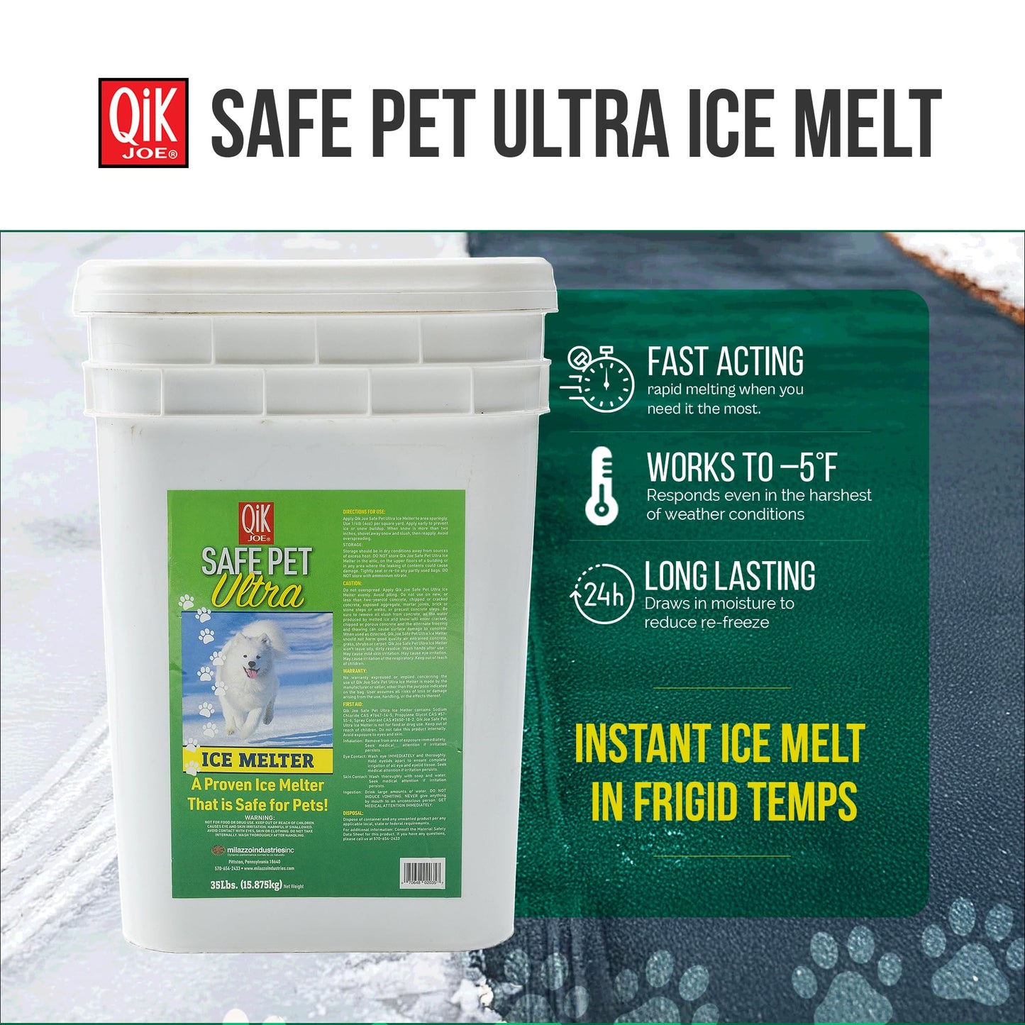 Qik Joe Safe Pet Ultra Instant Snow and Ice Melt for Sidewalks, Driveways, Steps, and Parking Lots, Deicer for Concrete, Asphalt, and Other Surfaces, Effective to -5 Degrees
