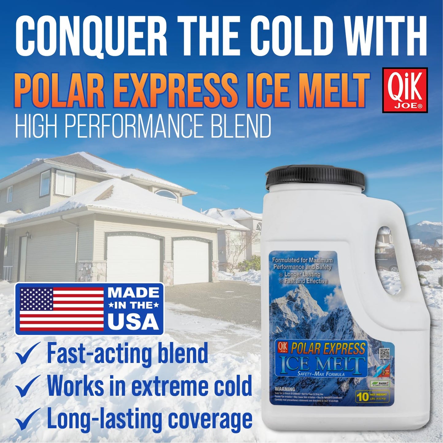 Qik Joe Polar Express Blend - Instant Snow and Ice Melt for Sidewalks, Driveways, and Parking Lots - Deicer for Concrete, Asphalt, and Other Surfaces - 10 lbs