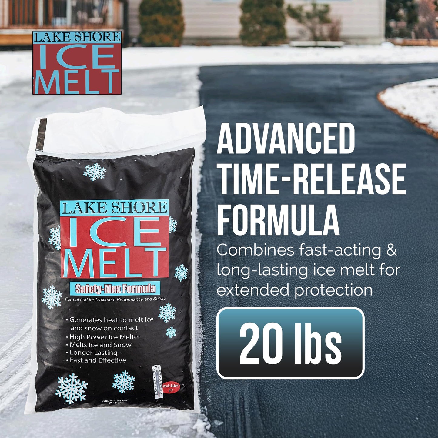 Qik Joe Lake Shore Instant Snow and Ice Melt for Sidewalks, Driveways, Steps, and Parking Lots, Deicer for Concrete, Asphalt, and Others, Effective to -25 Degrees, 20 Pounds (Pallet - 120 Units)