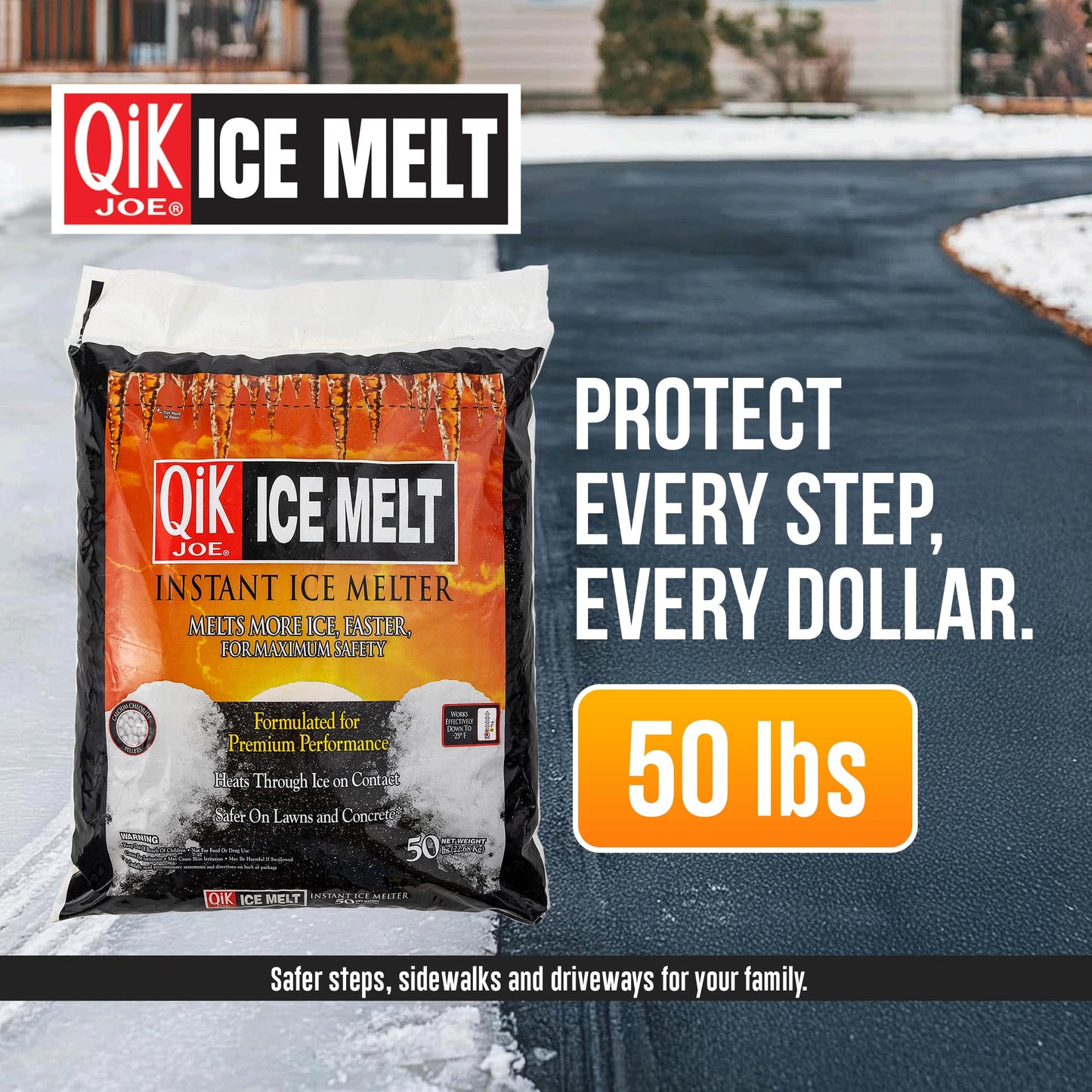 Qik Joe Calcium Chloride Ice Melt - Instant Snow and Ice Melt for Sidewalks, Driveways, Steps, and Parking Lots - Deicer for Concrete, Asphalt, and Other Surfaces - 50 Lbs (Pallet of 50 Units)