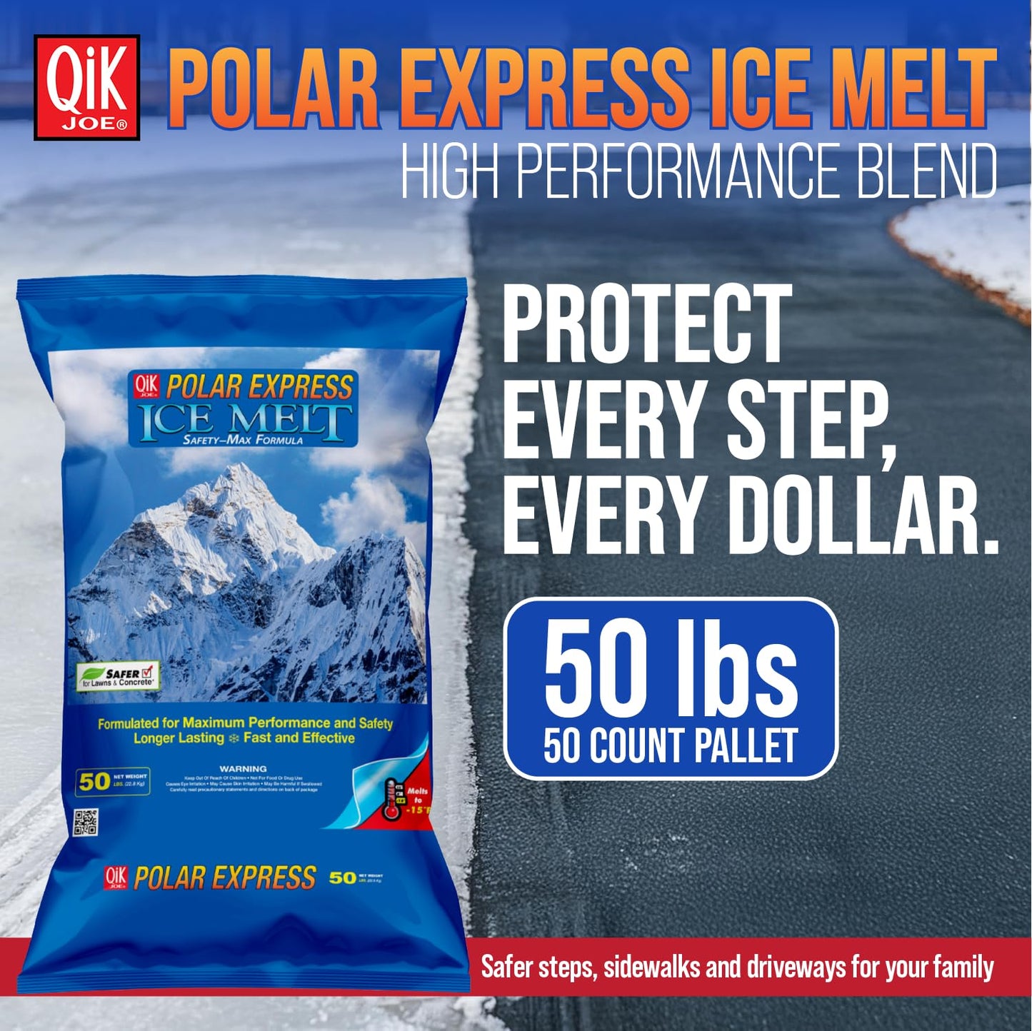Qik Joe - Polar Express Instant Snow and Ice Melt for Sidewalks, Driveways, and Steps - Deicer for Concrete, Asphalt, and Other Surfaces - 50 Lbs (Pallet of 50 Units)