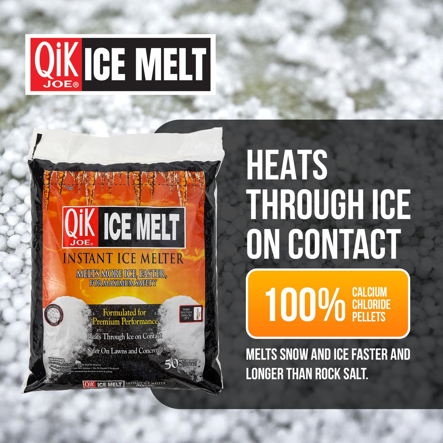 Qik Joe Calcium Chloride Ice Melt - Instant Snow and Ice Melt for Sidewalks, Driveways, Steps, and Parking Lots - Deicer for Concrete, Asphalt, and Other Surfaces - 50 Lbs (Pallet of 50 Units)