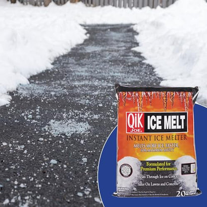 Qik Joe Calcium Chloride Ice Melt - Instant Snow and Ice Melt for Sidewalks, Driveways, Steps, and Parking Lots - Deicer for Concrete, Asphalt, and Other Surfaces - 20 Lb Bag