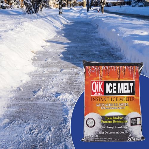 Qik Joe Calcium Chloride Ice Melt - Instant Snow and Ice Melt for Sidewalks, Driveways, Steps, and Parking Lots - Deicer for Concrete, Asphalt, and Other Surfaces - 20 Lb Bag
