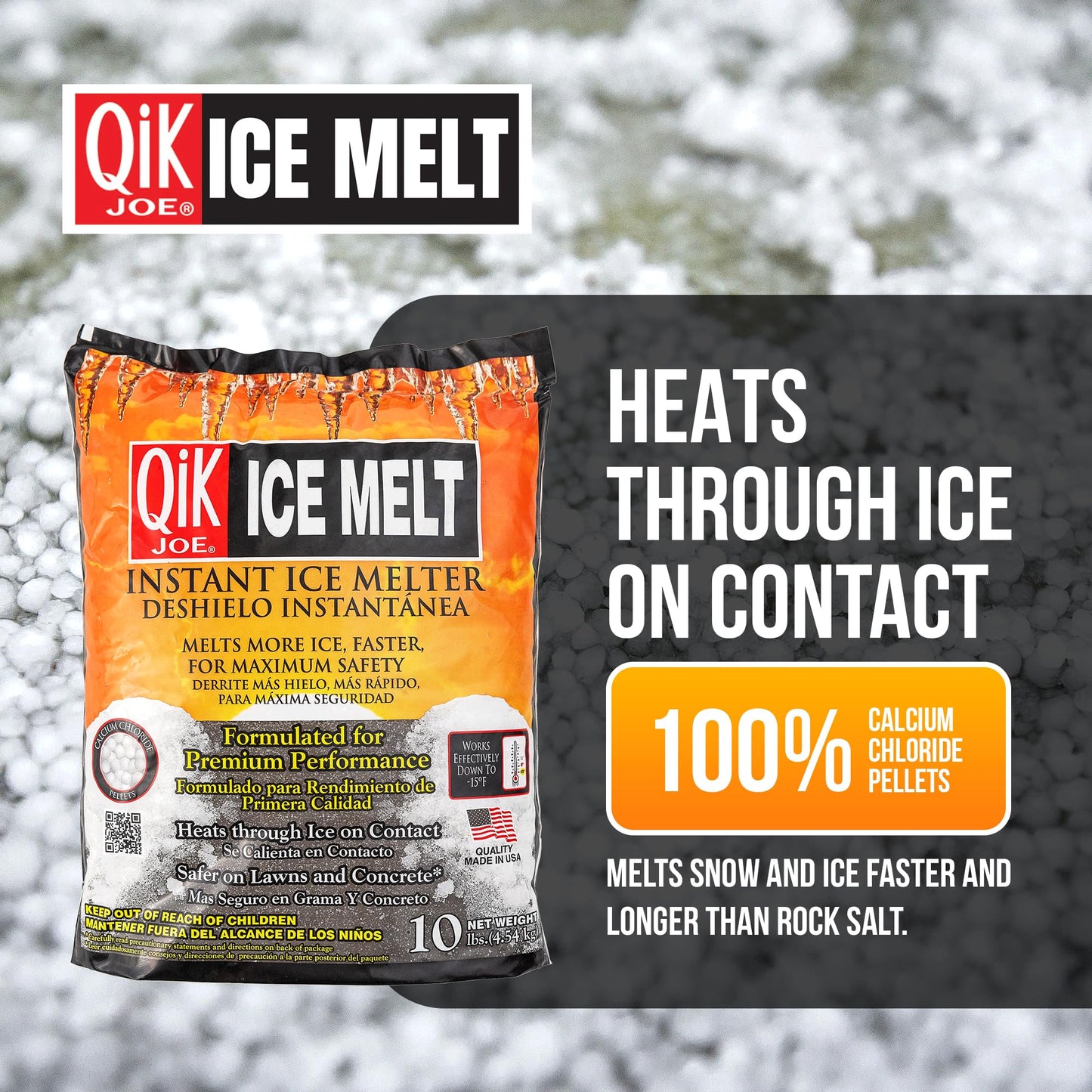 Qik Joe Calcium Chloride Ice Melt - Instant Snow and Ice Melt for Sidewalks, Driveways, Steps, and Parking Lots - Deicer for Concrete, Asphalt, and Other Surfaces - 10 lbs., 6 Pack