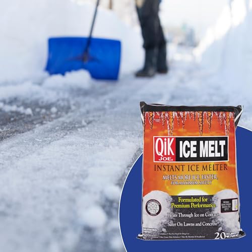 Qik Joe Calcium Chloride Ice Melt - Instant Snow and Ice Melt for Sidewalks, Driveways, Steps, and Parking Lots - Deicer for Concrete, Asphalt, and Other Surfaces - 20 Lb Bag